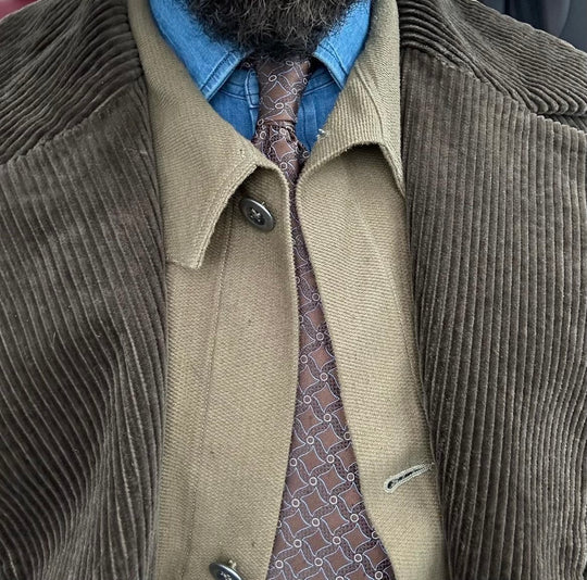 Brown corduroy jacket by RYAN ORIGINALS worn over a cool contrasting reverse Bedford corduroy jacket from @motivmfg layered on top of a denim shirt with a nice tie selection