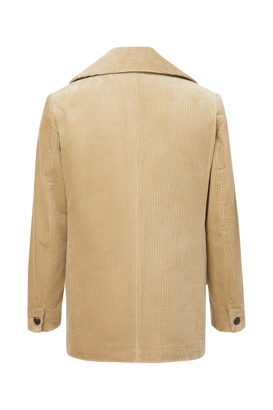 Luxury men's beige corduroy jacket with black and white wool/cotton lining. Back