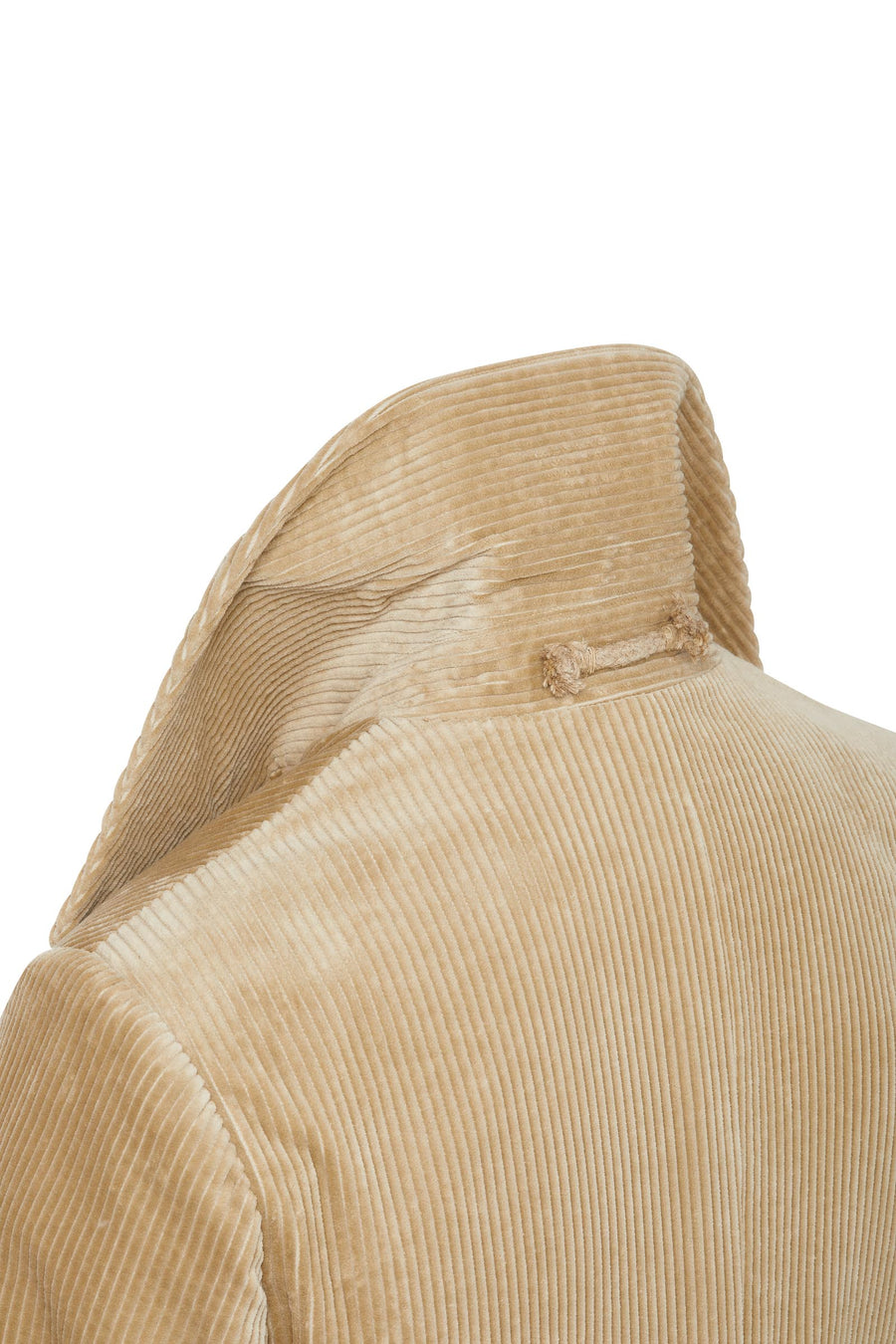 Big collar (back view) on Luxury men's beige corduroy jacket with black and white wool/cotton lining